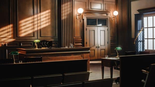 An empty courtroom, facing the judge’s bench.