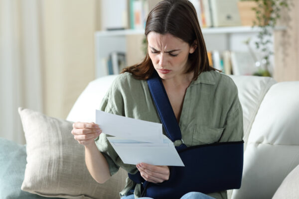 A woman with her arm in a sling appears confused as she sits on her couch and reads a letter.